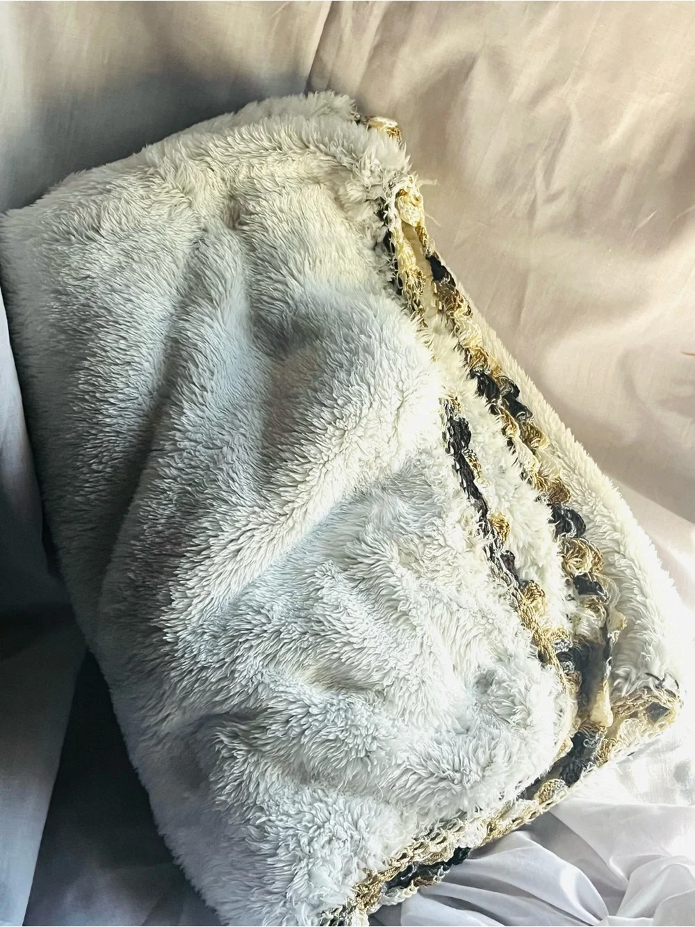 Plush White Sherpa Throw Blanket with Decorative Trim